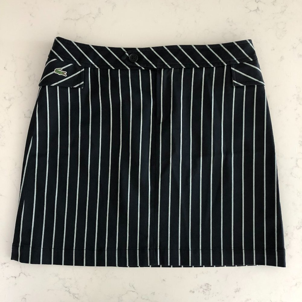 Lacoste Striped Cotton Sporty Mini Skirt w Side Pockets Black + Grey Sz 38